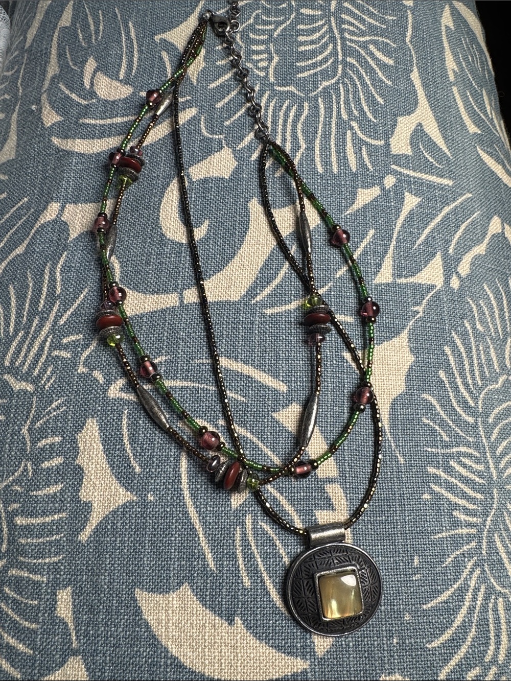 Multi-Strand Green and Purple Beaded Pendant Necklace by Free People